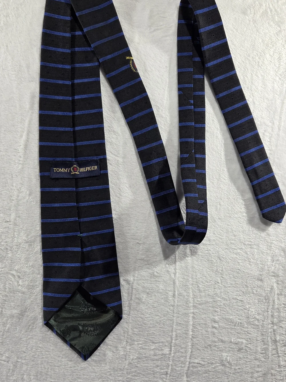 Vintage Tommy Hilfiger Men's Black & Blue Striped Pointed Tie with Logo - 0115